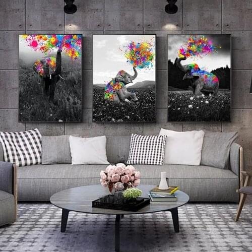 Graffiti Elephant Spraying Rainbow Canvas Painting Animal Posters and Prints Modern Wall Art for Living Room Home Decoration