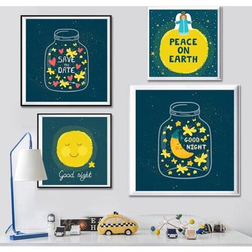 Stars Sky Moon Little White Bear Animal Art Modern Cartoon Cute Canvas Poster Painting Children Room Decor Wall Picture No Frame