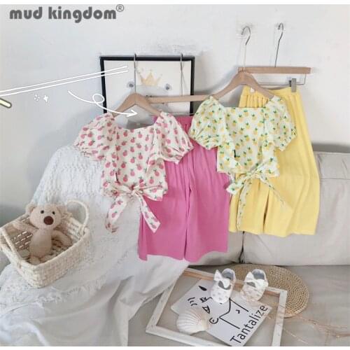 Mudkingdom Cute Girl Set Summer Fruit Print Puff Sleeve T-shirts Bow Belt Tops Solid Wide Leg Pants Casual Outfits Kids Clothes