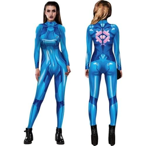 Halloween Party Metroid Samus Aran Game Hero Printed Cosplay Costume Lycra Spandex Women Girls Female Zentai Bodysuits Jumpsuits