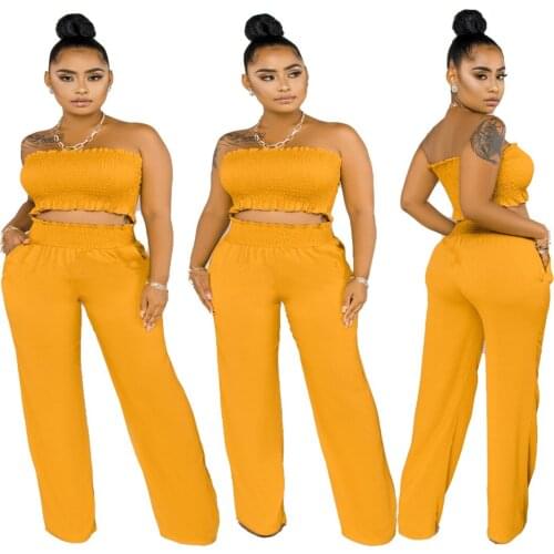 Summer New Womens Solid Color Sexy Folds Wrapped Breast Pockets Loose Wide-Leg Pants Casual Two-Piece Suit