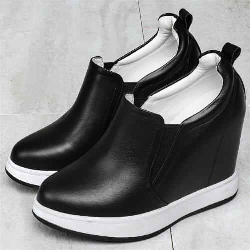 11cm High Heel Fashion Sneakers Women Slip On Genuine Leather Wedges Ankle Boots Female Round Toe Platform Oxfords Casual Shoes
