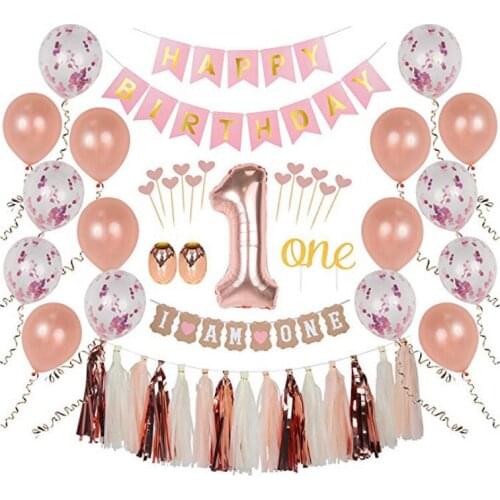 Baby Shower Party Balloon Package 1st Birthday Decoration Pink Balloon Party I am one Pull Flag Set