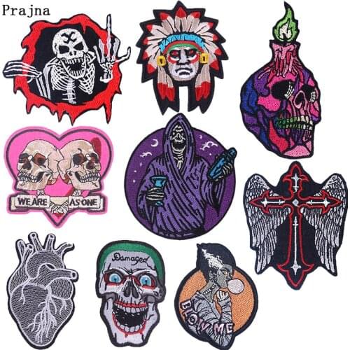 Punk Fire Skull Patch Badges Sewing Iron On Patches For Clothing Stripes Embroidered Stickers On Garment Rock Apparel DIY