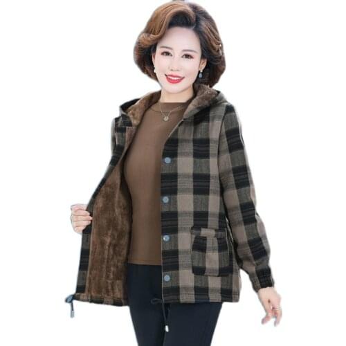 Middle-aged and Elderly Womens Coat Winter Jackets Thin Light Warm Plus Velvet Cotton Linen Lattice Jacket Outwear Mother Dress