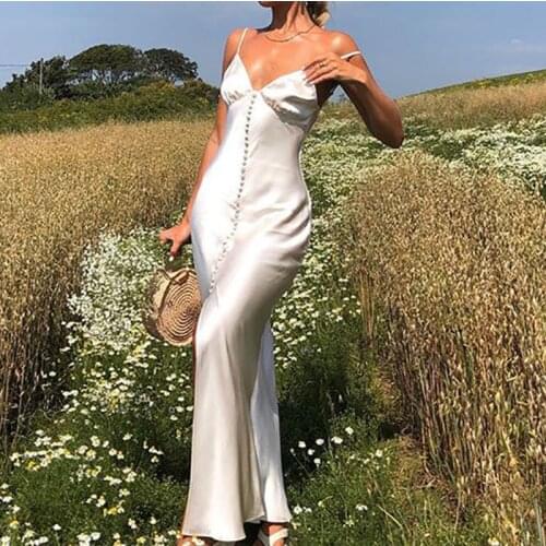 White Satin Maxi Dress Womens High Waist Flared A-Line Backless Spaghetti Strap Buttons Dress Party Vacation Elegant Vestido