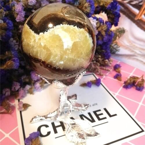Natural septarium stone sphere specimen mineral stones ball with gorgeous stand sphere base metal flower crystal ball
