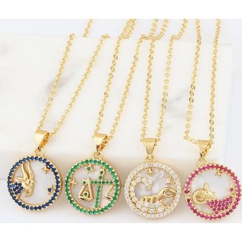 Rainbow CZ 12 Constellation Necklaces For Women Men Gold Chain Zodiac Sign Round Pendant Necklace Couple Jewelry Birthday Gift