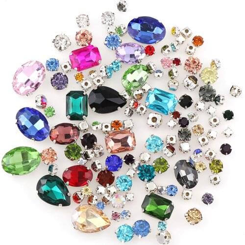 About 100Pcs Mix Color& Shape Glass With Sliver Copper Claw Sew On Stone Strass Metal Base Buckle For Wedding Decoration/Clothes