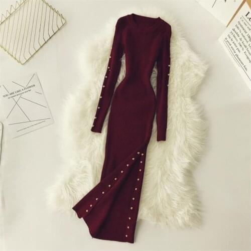 Spring Autumn Long Sleeve O-Neck Knitted Sweater Dresses Slim Women Bodycon Split Knitted Dress Winter Bottomings Vestitino 695