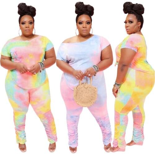 Women Tie-Dye Print Fresh Two Piece Sets Casual Big Size Ladys o-Neck Short Sleeve Tees High Waist Stacked Pants Tracksuits