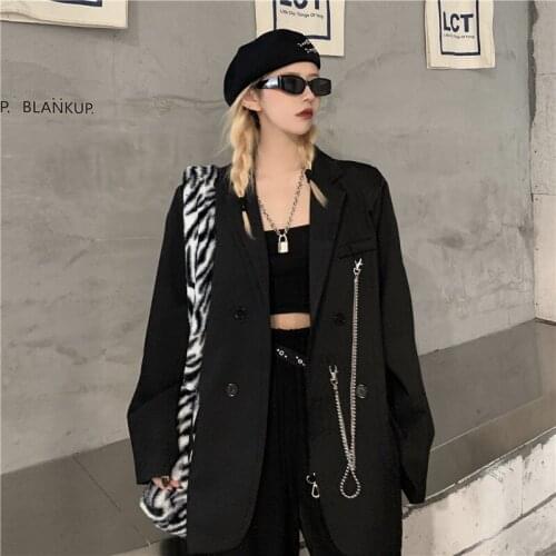 Autumn Black Outerwear Korean Blazer Female Loose Long Sleeve Double Breasted Office Suits Jacket Women Loose Clothes Tide H1537