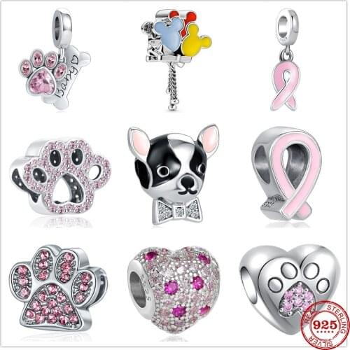 925 Sterling Silver Pink Love Dog Buddy Baby Paw Balloon Dangle Charms DIY fine beads charm Fit Original Pandora Charm Bracelet