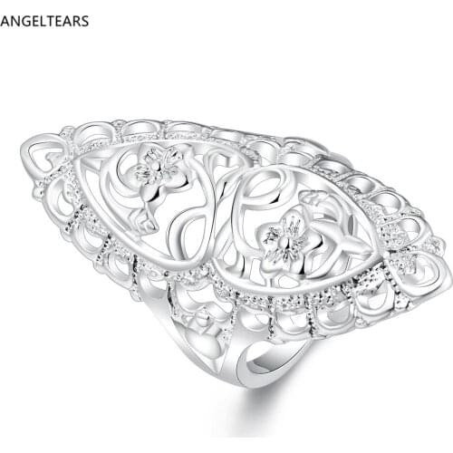 Wholesale Cheap Silver color Hollow Flowers Shape Finger Ring Woman Girl Fashion Party Jewelry Size 6-10 # anel bague