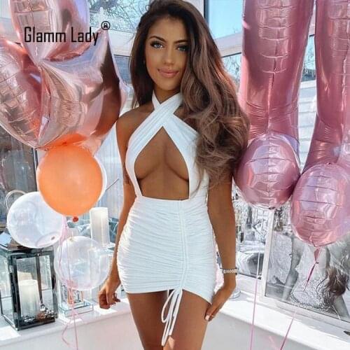 Glamm Lady White Mini Sexy Party Dress Women Bodycon Backless Summer Dress Club Hollow Out Black Dress Strapless Vestidos New