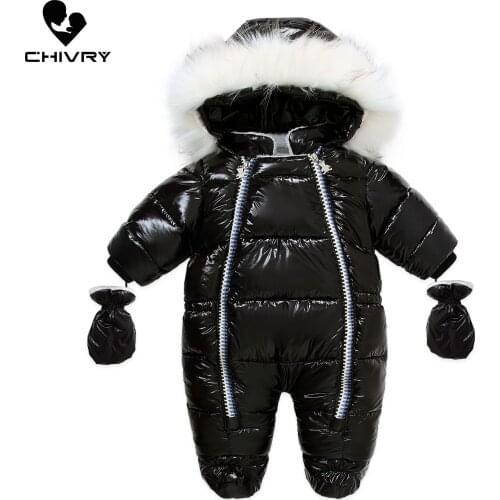 Newborn Baby Winter Thick Warm Solid Zipper Rompers Infant Boys Girls Hooded PU Leather Jumpsuit Snowsuit Toddler Down Outwear