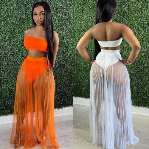 2021 Womens Summer New Womens Sexy Mesh See-Through Pleated Skirt Wrapped Chest Top Three-Piece Womens Skirt