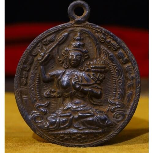 3"Tibet temple Old Bronze Hand beat Engraved Amulet Manjushri statue Pendant Town House Exorcism Ward off evil spirits