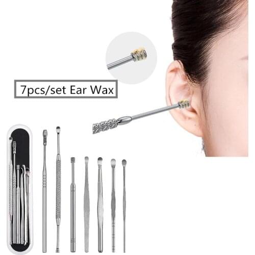 7pcs/set Ear Wax Pickers Stainless Steel Earpick Wax Remover Curette Ear Pick Cleaner Ear Cleaner Spoon Care Ear Clean Tool