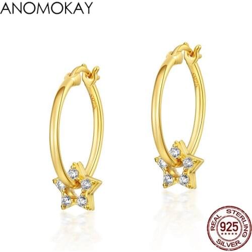 Anomokay Classic Gold Color Star Earrings for Party Wedding Gift Real Sterling 925 Silver Round Women Earrings