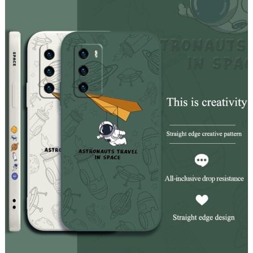 Crescent Astronaut Square Silicone Case For Huawei P40 P30 P20 Pro Mate 40 30 20 Pro P Smart 2021 Y7A Soft Phone Cover Case