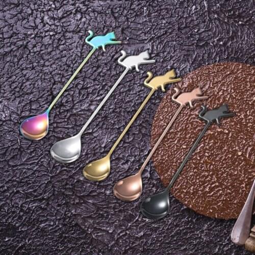Spoon 304 Stainless Steel Tableware Bright Silver/titanium Gold/rose/cool Black/colorful Cat Stirring Spoon Kitchen Tableware