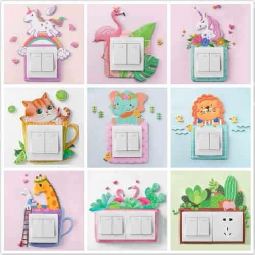 Cartoon Animal Unicorn Flamingo Switch Wall Sticker 3D Silicone On-off Luminous Outlet Switch Sticker Room Wall Decor Sticker