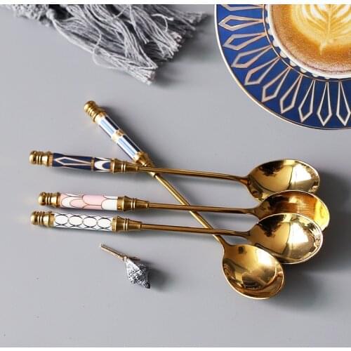 Stainless Steel Spoon Ceramic Handle Ice Cream Fruit Coffee Stirring Spoons Teaspoon Dessert Cake Honey Spoon Tableware