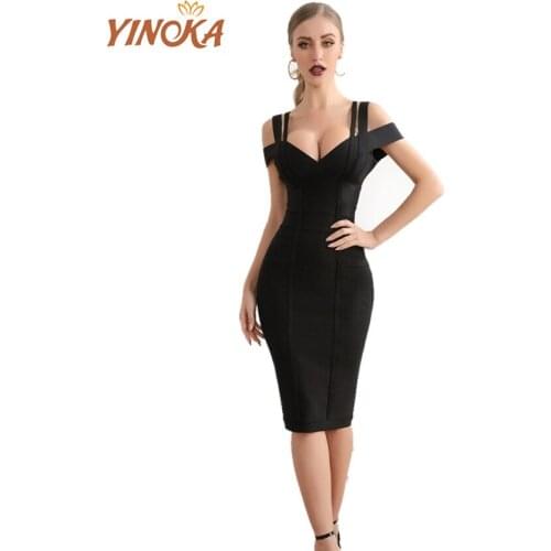 Yinoka sexy black bandage dress bodycon v neck knee length sleeveless colors backless elegant party club night lady clothing