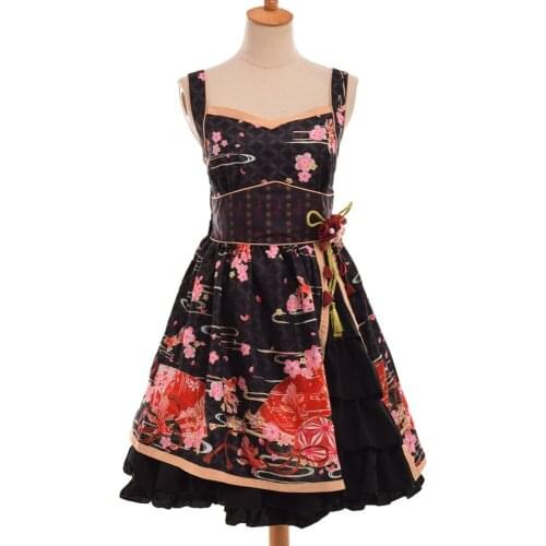 Lolita Suspender JSK Dresses Japanese Sakura Flowers Print Pinafore Dress