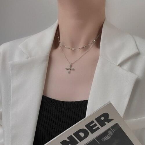 VSnow Hiphop Minimalist Double-Layer Cross Pendant Necklace for Women Girls Trendy Silver Color Chain Metallic Necklace Jewelry