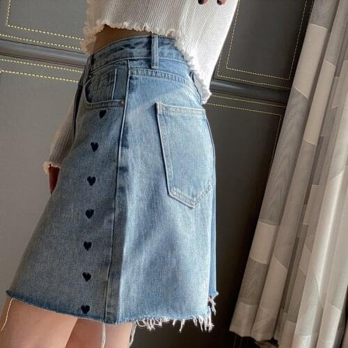 2021 Summer New Love Print Denim Skirt Womens Korean Loose Casual Mini Skirt Trend 21-28
