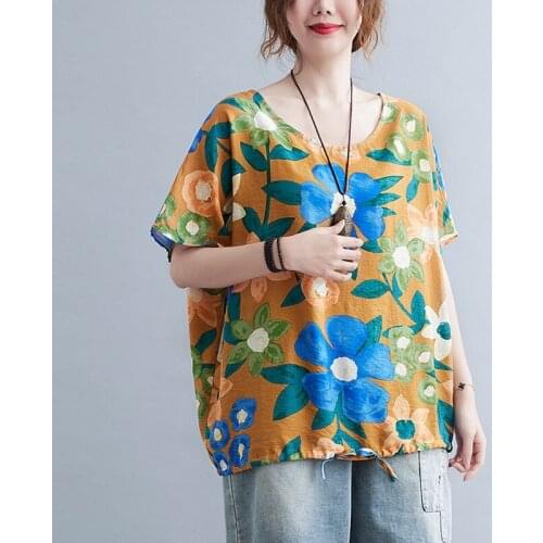 Oversized Women Cotton Linen Casual T-shirts New Arrival 2021 Summer Vintage Style Floral Print Loose Female Tops Tees S3745