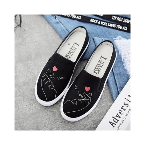 Women fashion sweet black heart printed canvas flat platform shoes ladies soft comfortable street loafers F5241b