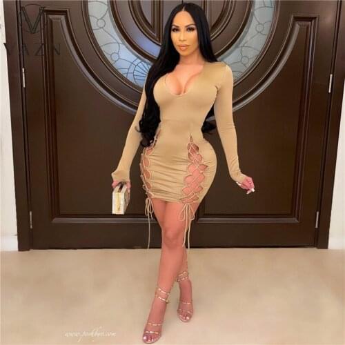 VAZN New 2021 Bandage Bodycon Hollow Out Beach Mini Sexy Regular Full Sleeve Dress Women Elegant Fashion Dress Slim Dress