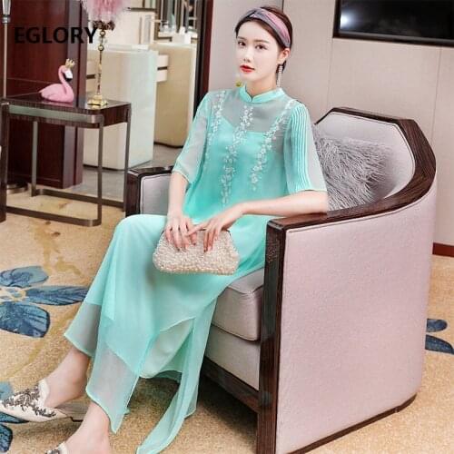 Top Quality Chinese Style Dress Women Exquisite Embroidery Flower Patterns Half Sleeve Mid-Calf Length Green Purple Dress XXL