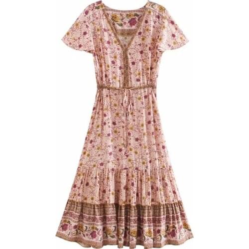 TEELYNN boho flare sleeve v neck midi dresses women 2020 vintage cotton pink floral print summer dress beach long vestidos robe