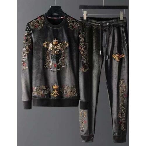 2021 Gold Velvet Leisure Sports Suit Mens Winter Fashion Handsome Plus Cashmere Thickened Crewneck Wear Pants Two-Piece Set