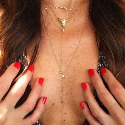 4 Pcs/Set Women Fashion Necklaces Creative Crystal Chain Bull Head Animal Multilayer Gold Long Necklace Lady Jewelry Gift