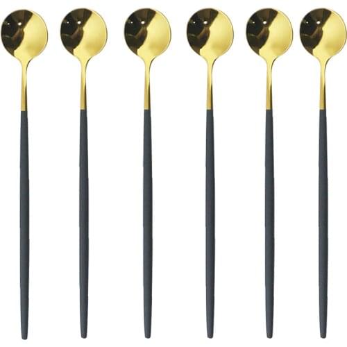 6Pcs Black Long Handled Tea Spoon Stainless Steel Coffee Spoon Ice Cream Dessert Spoons For Picnic Kitchen Accessories