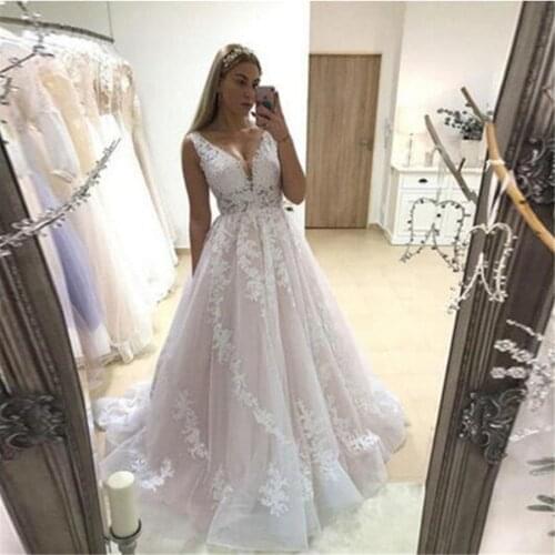 ANGELSBRIDEP V-neck Pink Ball Gown Wedding Dresses Fashion Applique Court Train vestidos de noiva Formal Bride Wedding Gowns