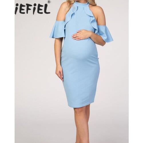 Pregnant Women Ruffle Off Shoulder Dress Elegant Maternity Dress Pregnancy Clothes Ruched Sides Knee Length Bodycon Dresses