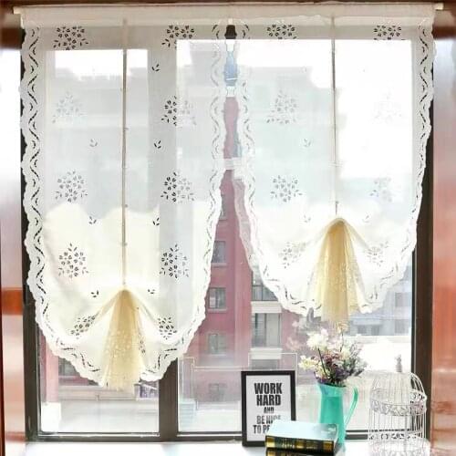 Beige Cherry Blossoms Hollow Embroidered Cross Linen Yarn Balloon Curtain Home Adjustable Height Decoraive Curtain