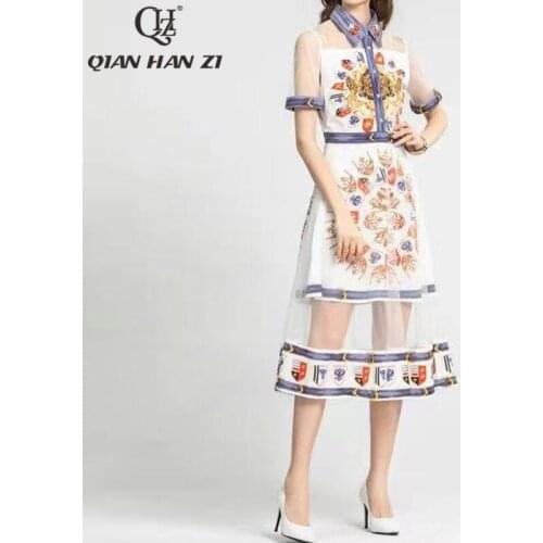 Qian Han Zi designer fashion summer Women dress vintage Mesh perspective Splicing pattern print Slim Elegant vacation Midi dress