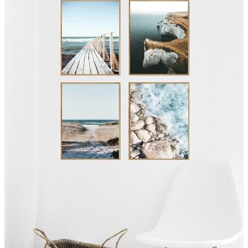 Coastal Ocean Waves Beach Rocks Picture Nature Scandinavian Poster Nordic Decoration Print Wall Art Canvas Painting Home Decor