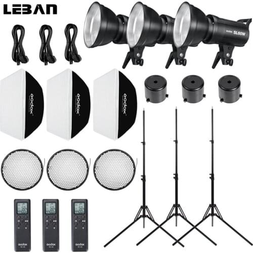 Godox 3x SL-60W 60Ws 5600K White Version Studio LED Continuous Photo Video Light with 3x Light Stand + 3x Softbox LED Light Kit