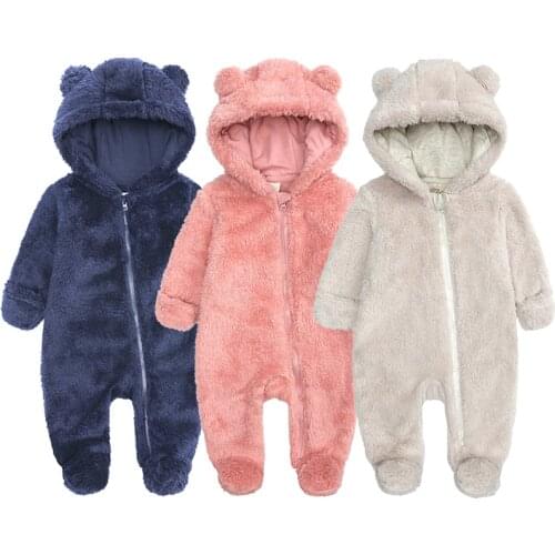 Baby Rompers For Newborn Clothes Autumn And Winter Warm Hooded Baby Girl Jumpsuit Cute Plush Bear Infants Boys Crawling Clothing