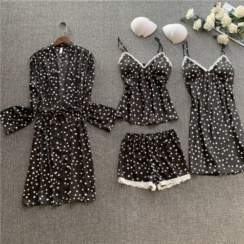 New 4 Pieces Women Pajamas Sets Silk Pajamas Sleepwear Sets Elegant Sexy Lace Fashion Spring Autumn Homewear