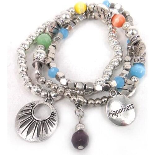 MOODPC Free shipping Fashion women facet cat eye beads with happiness letter charm arrow beads elastic lady stretch bracelet