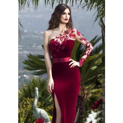 New Long Sleeves Mermaid Velvet Applique Split Sexy Evening Dresses pecial Occasion Dresses Elegant Prom Dresses